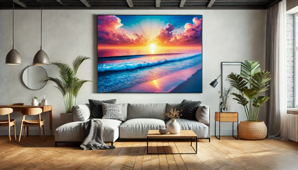 Stunning beach photography wall art with sunset over ocean waves.