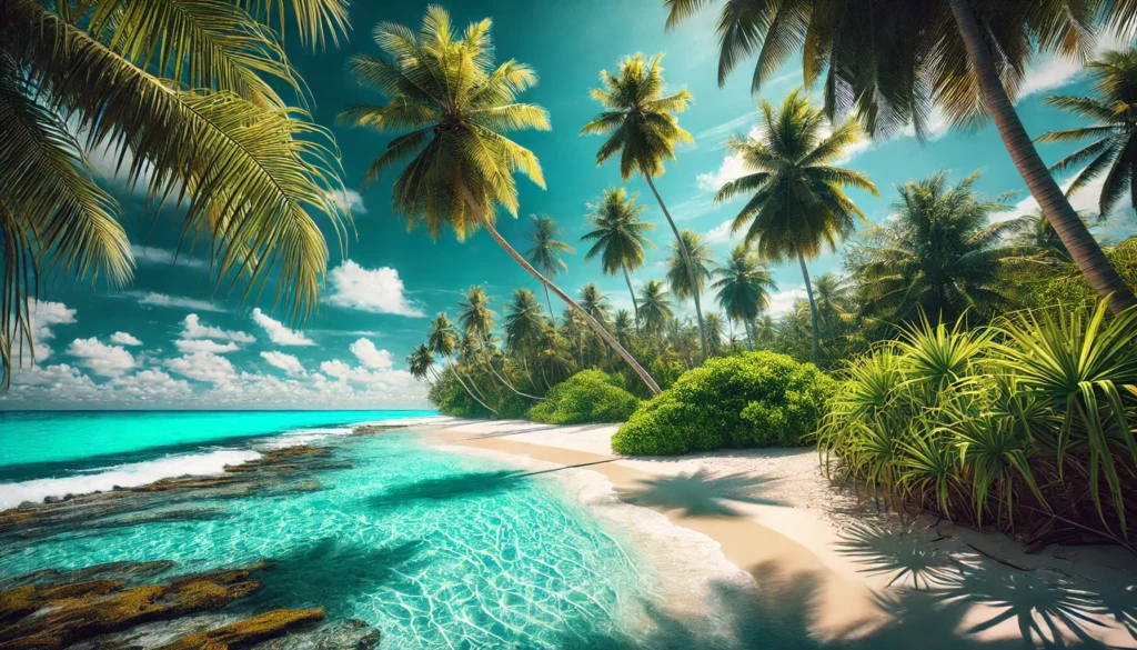 Tropical beach photography with clear turquoise water and palm trees.