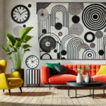 Modern living room featuring large black and white wall art