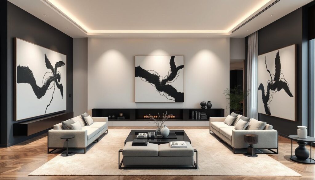 interior design with black and white abstract art