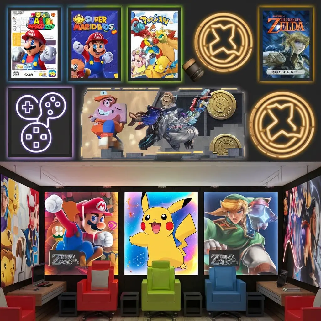  Game room with bold, vibrant wall art and glowing LED designs.