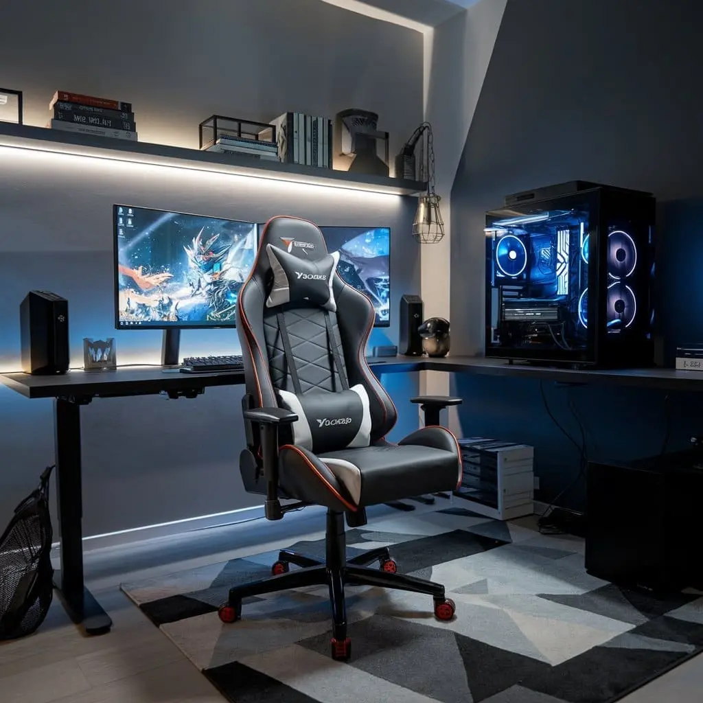 Modern gaming chair and desk in an ergonomic game room setup