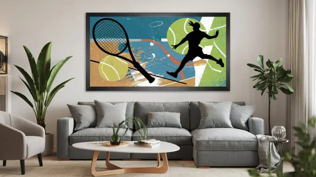 A modern living room showcasing vibrant tennis abstract wall art, filled with dynamic colors and stylish furniture, illuminated by natural light.