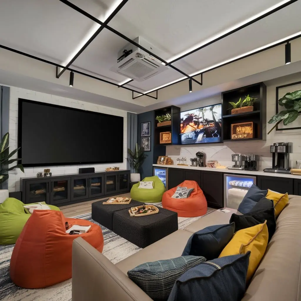 Multi-purpose game room with bean bags, a snack station, and a big screen.