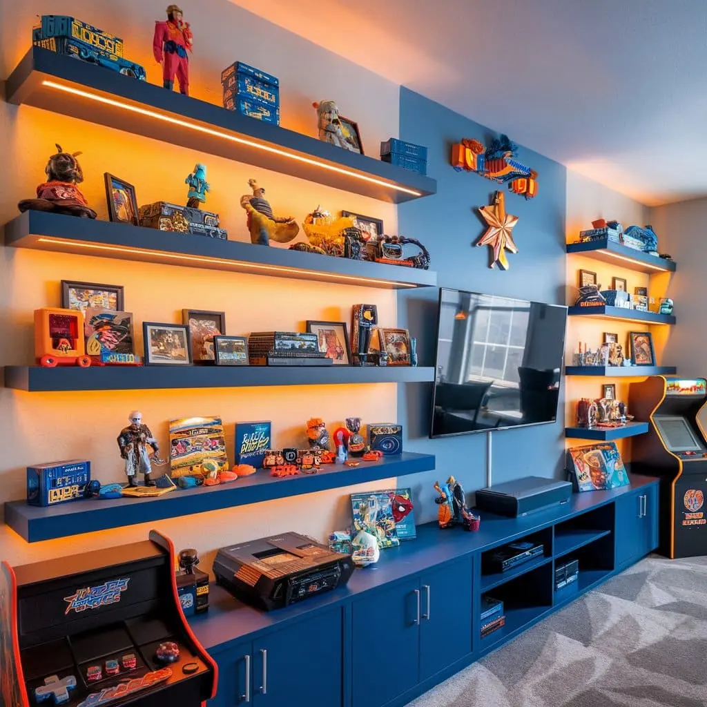 Shelves with gaming collectibles and accent lighting