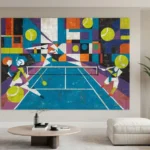 A modern living room featuring vibrant tennis abstract wall art, with dynamic colors and fluid shapes, stylish furniture, and natural light illuminating the space.