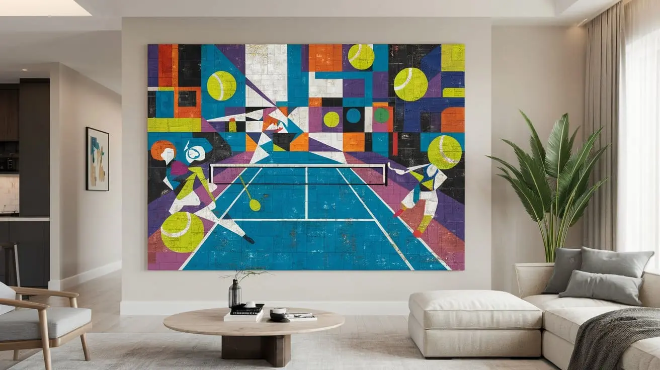 A modern living room featuring vibrant tennis abstract wall art, with dynamic colors and fluid shapes, stylish furniture, and natural light illuminating the space.