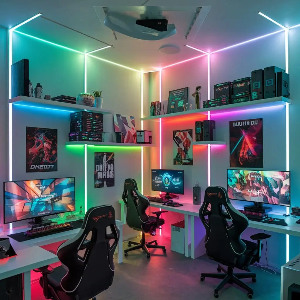 Game room with vibrant RGB lighting and smart LED strips