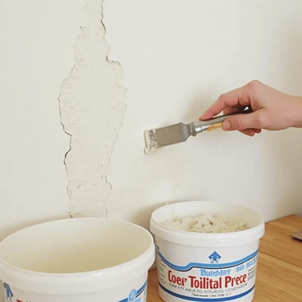 Repairing a cracked plaster wall with a trowel.