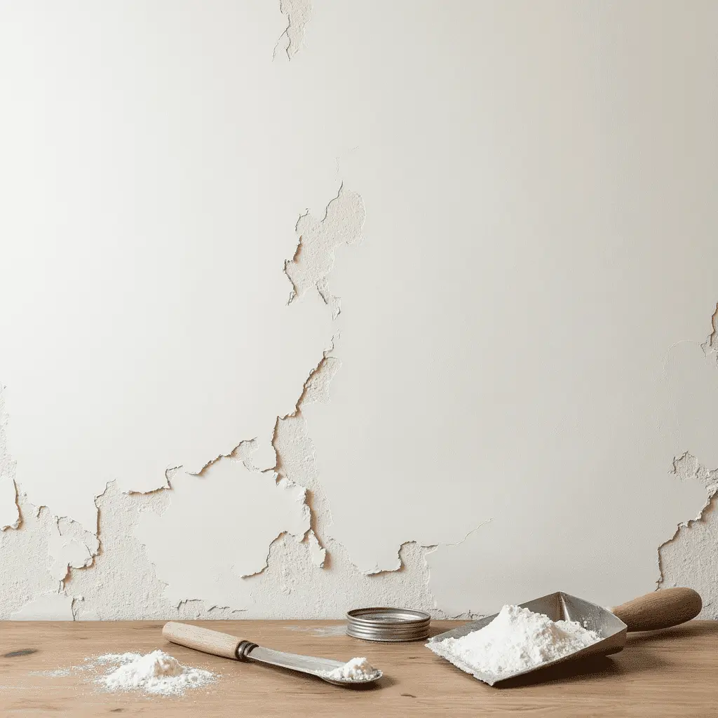 Damaged plaster wall with cracks and peeling paint.