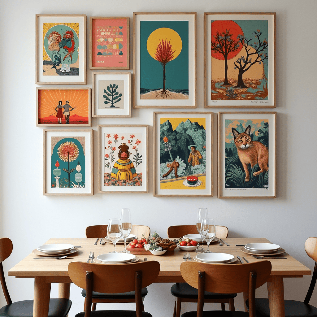 Collage of ready-made, affordable art pieces for a dining room.