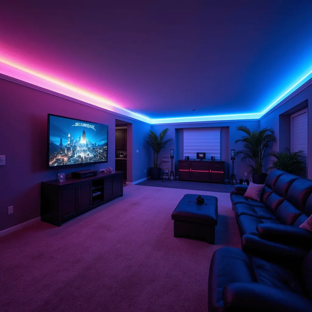 basement game room ideas  with ambient LED lighting and gaming console setup.