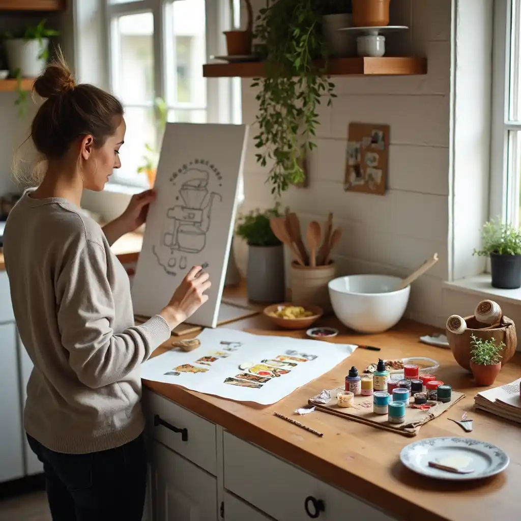 DIY kitchen wall art project with painting and stenciling in a cozy home kitchen