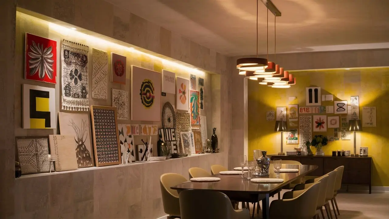 Modern dining room featuring a vibrant collage of affordable dining area wall art.