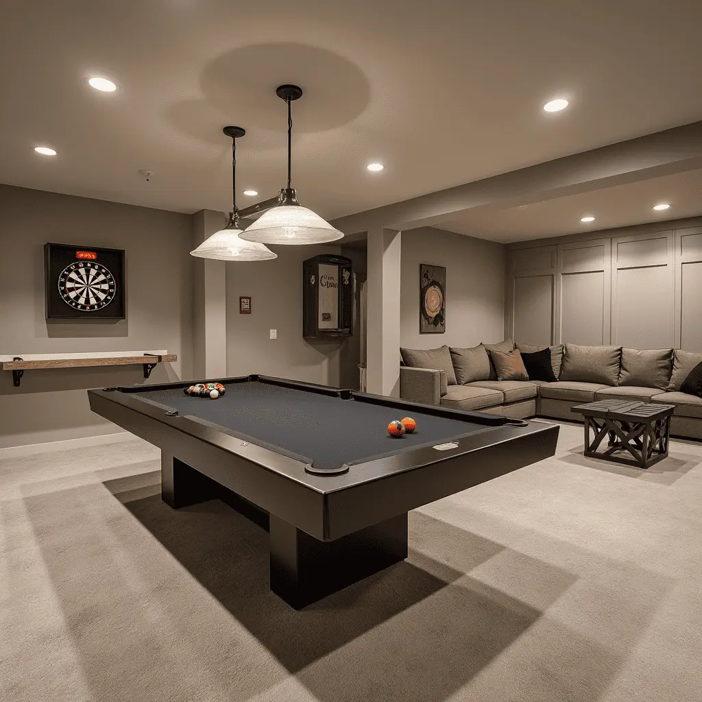 Basement game room with pool table, dartboard, and sectional sofa.