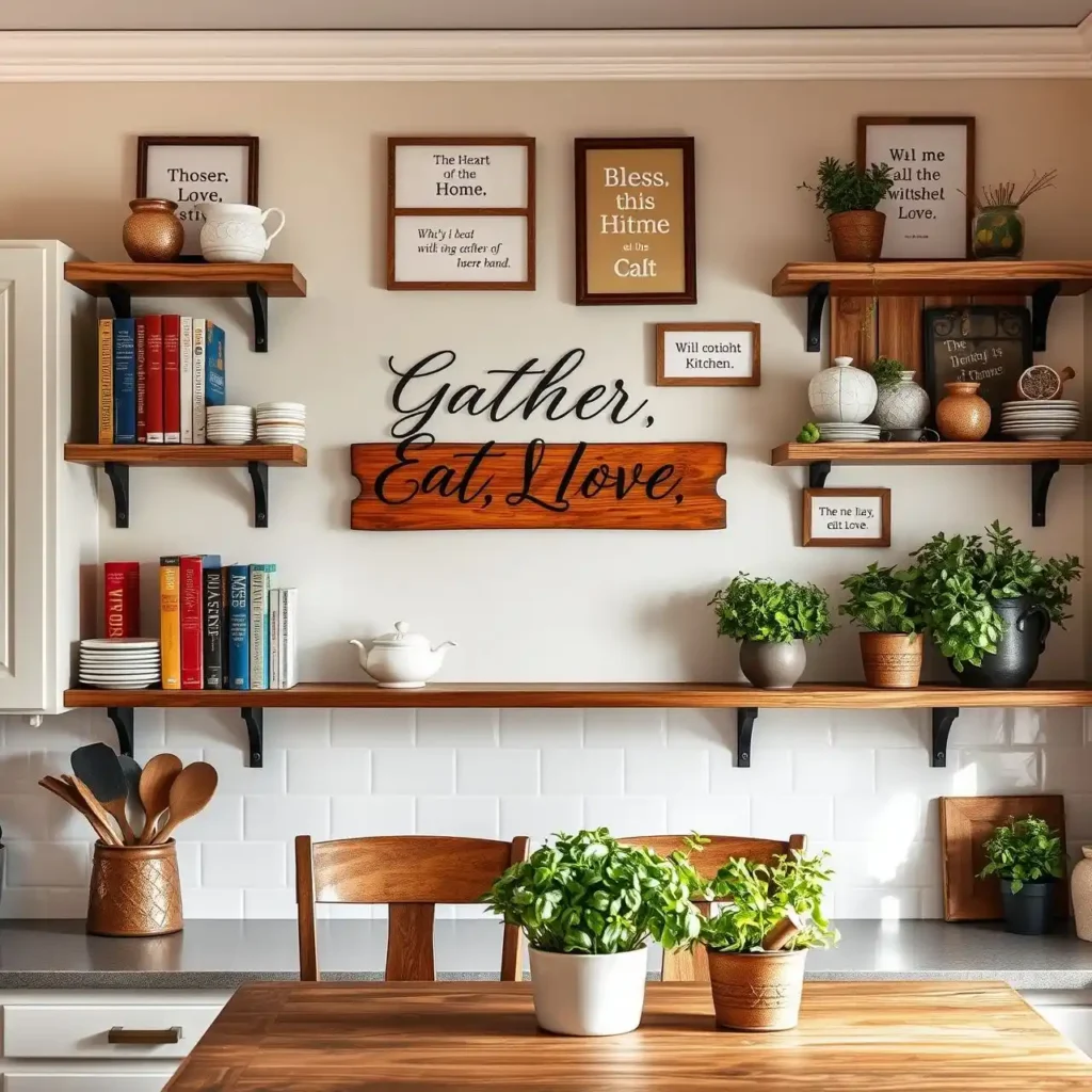 Kitchen wall with framed family mottos and inspirational quotes in a farmhouse-style setting.