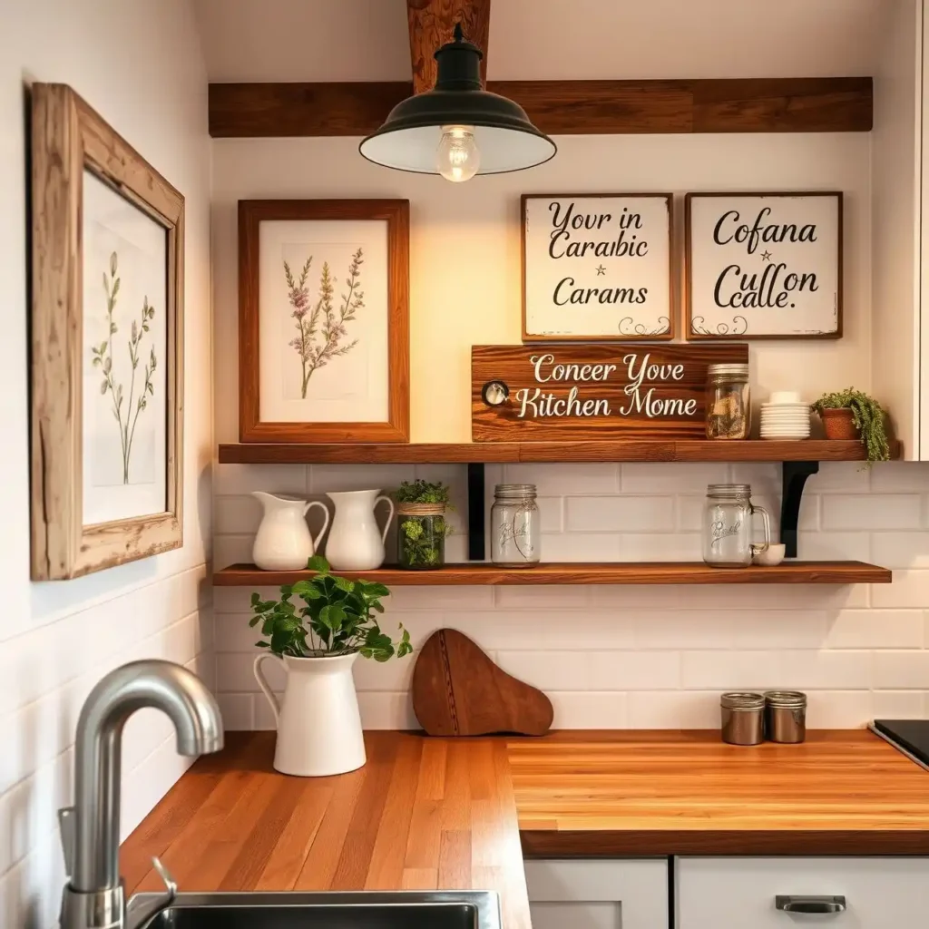 Farmhouse kitchen with rustic wood wall decor and vintage prints.