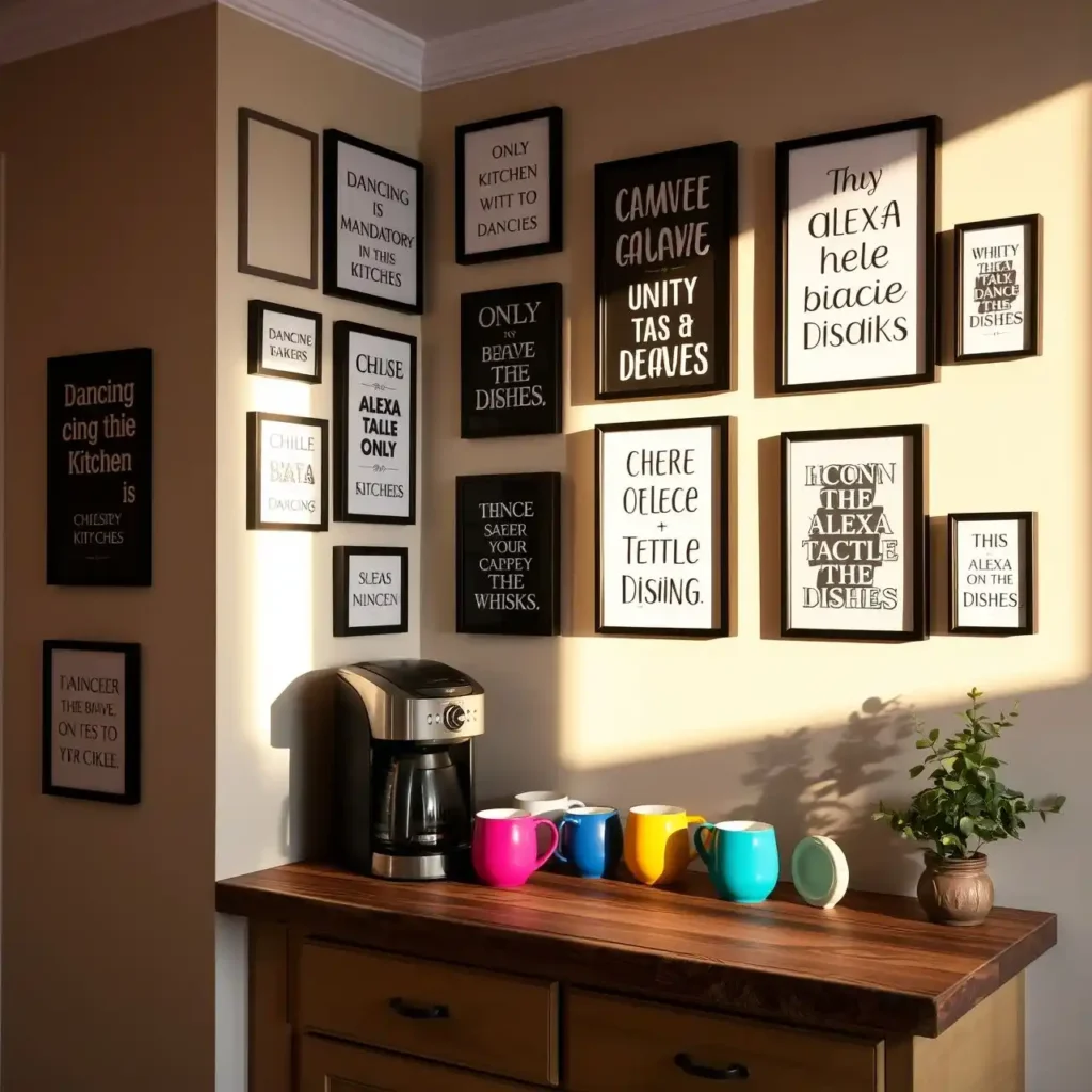 Kitchen corner with humorous framed wall quotes in black-and-white typography.