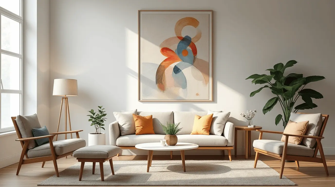 Modern living room with a striking piece of aesthetic wall art.