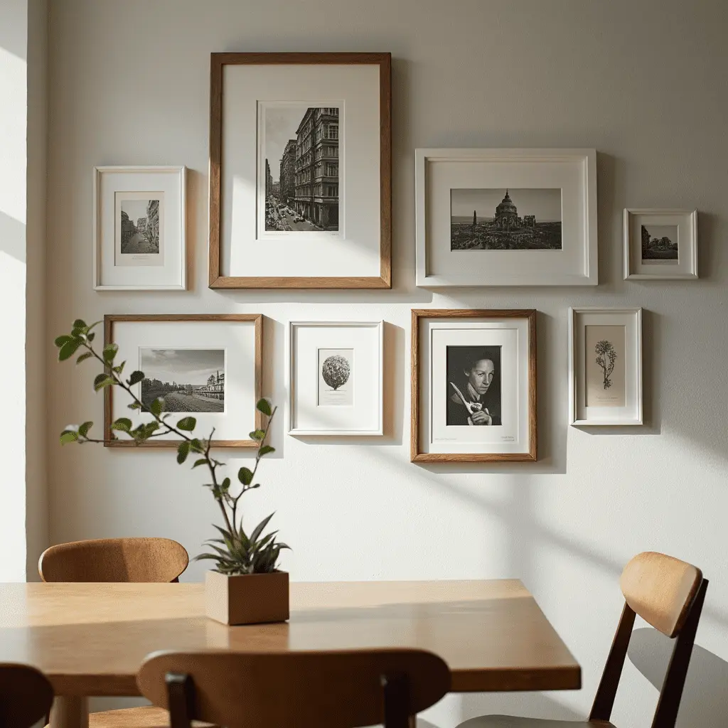 Stylish dining area wall showcasing affordable art pieces.