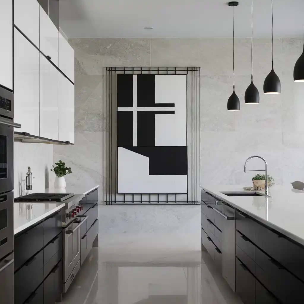 Modern kitchen with minimalist black-and-white abstract wall art.