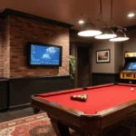 Modern basement game room with pool table and arcade machines