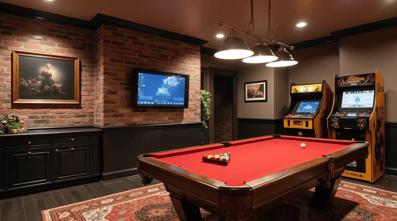 Modern basement game room with pool table and arcade machines