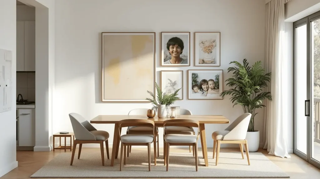 Modern dining room with a stylish gallery wall of mixed art and photos.