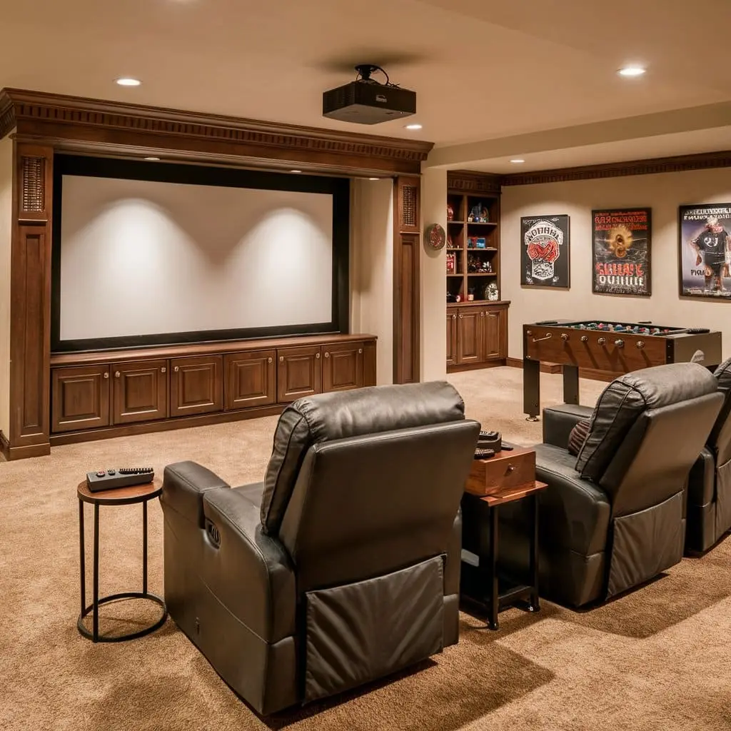 Multi-functional basement game room and home theater with foosball table.