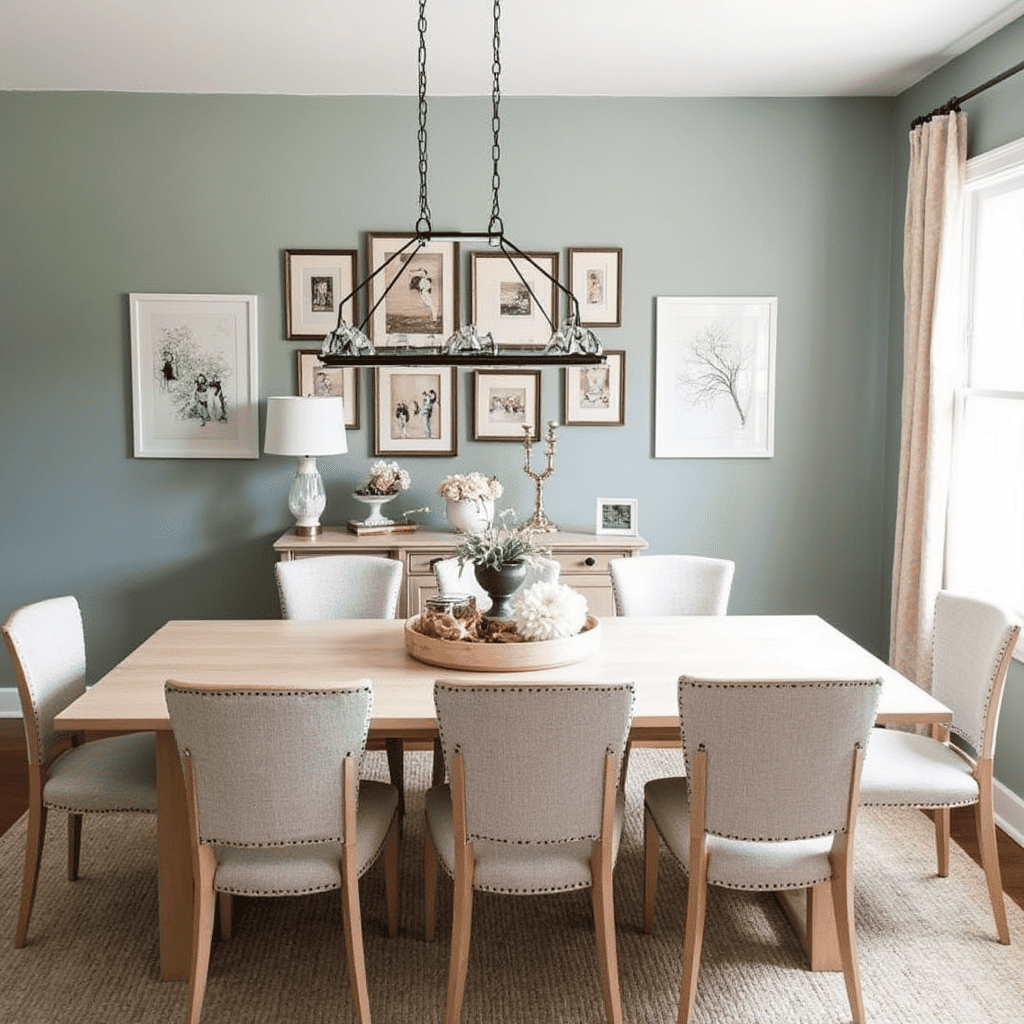 Personalized dining room with custom wall art and family memorabilia.