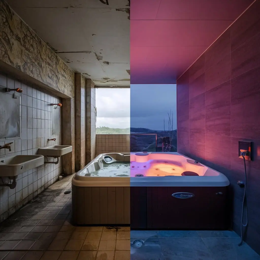 Before and after transformation of a bathroom into a spa-like oasis with a modern Jacuzzi.