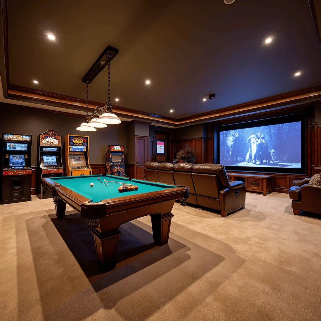 luxury basement game room with billiards table, arcade machines, and home theater