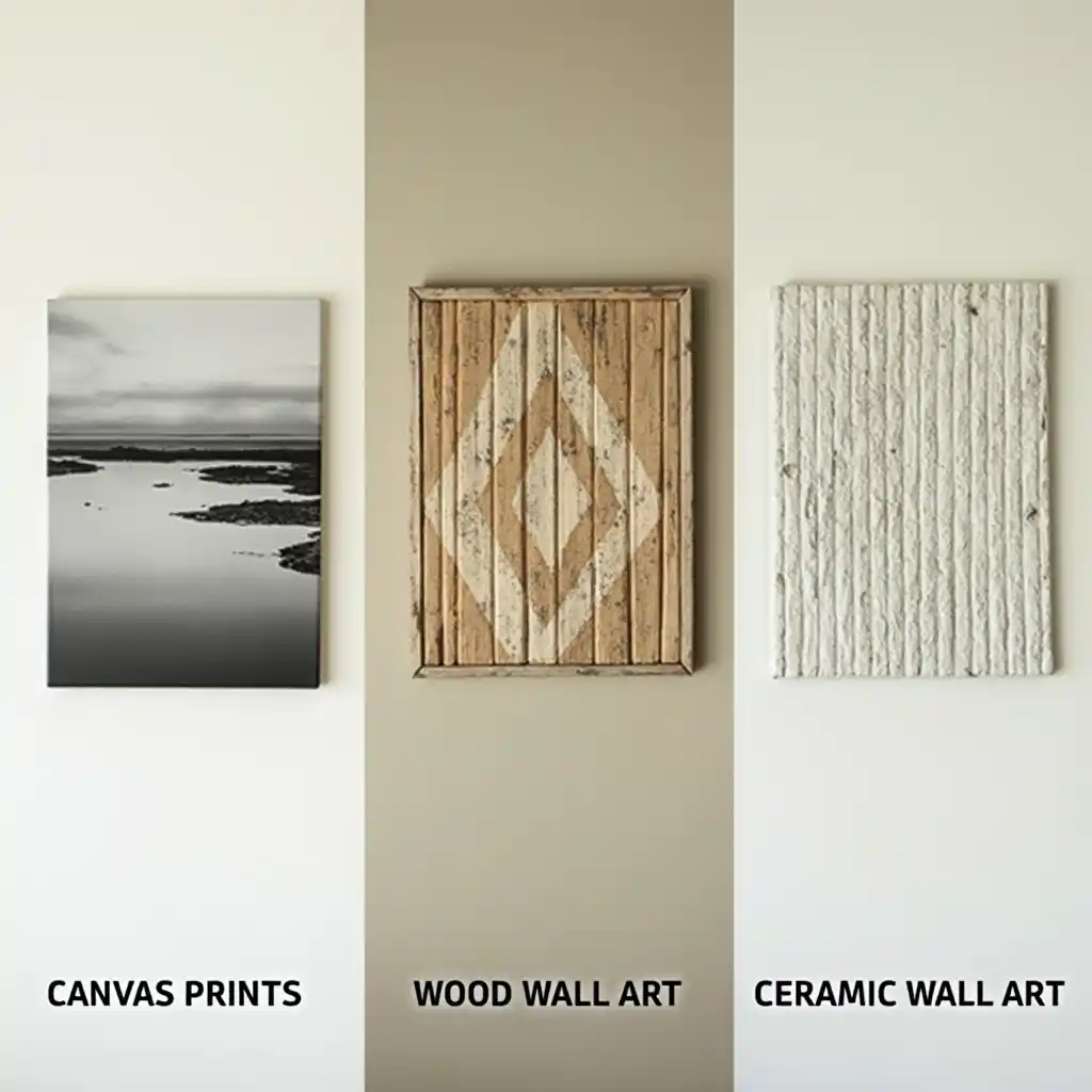 Comparison of ceramic, wooden, and canvas wall art, highlighting the durability and texture of ceramics.