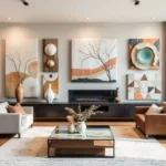 Contemporary living room with large ceramic wall art in earthy tones.