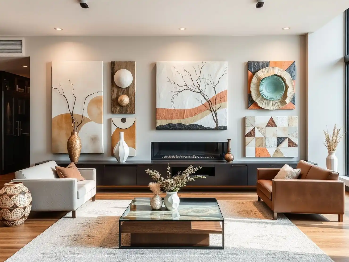 Contemporary living room with large ceramic wall art in earthy tones.