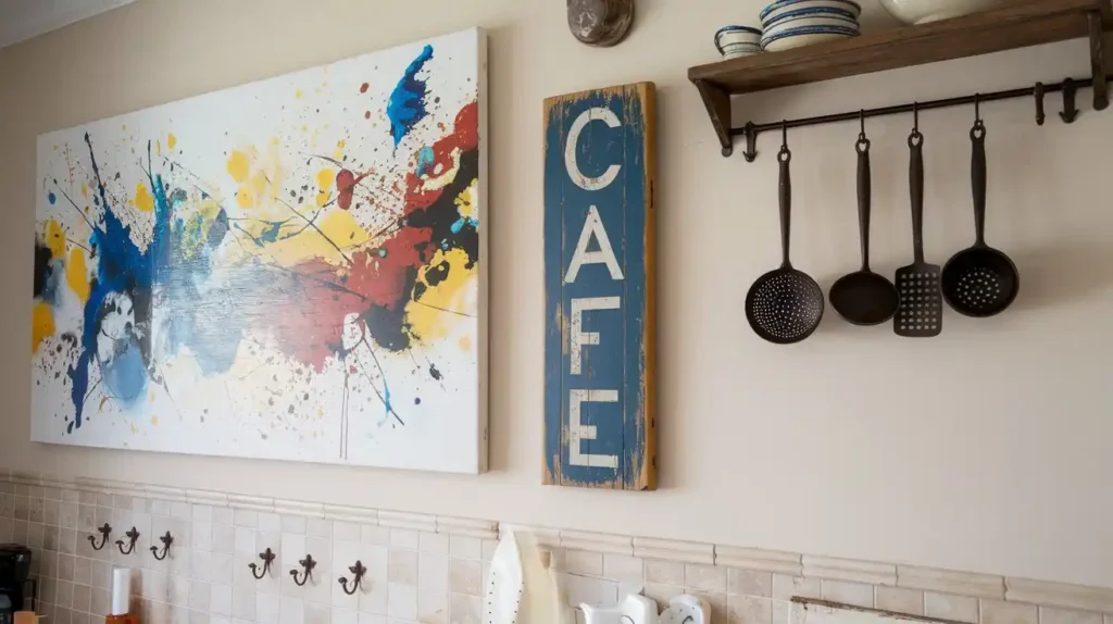 Modern kitchen with vibrant wall art above the countertop.