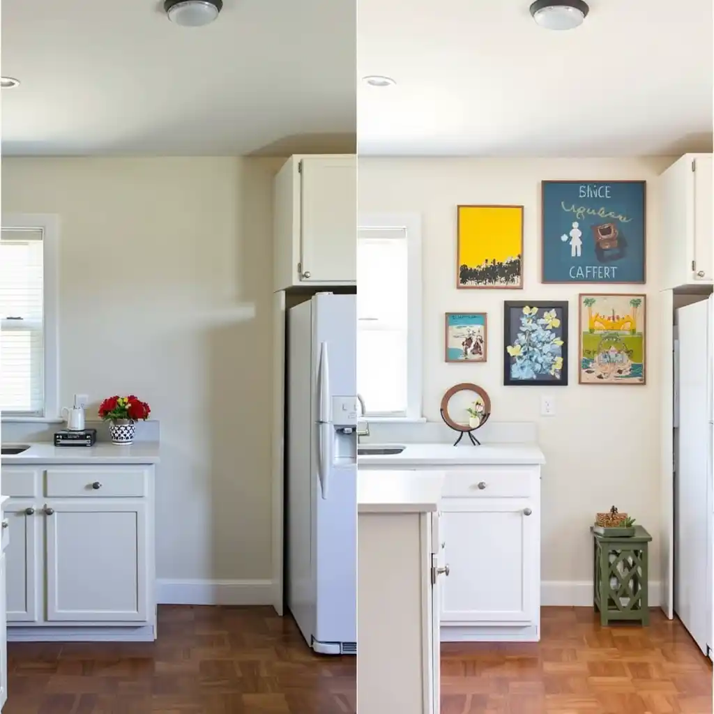 Before and after transformation of kitchen wall art