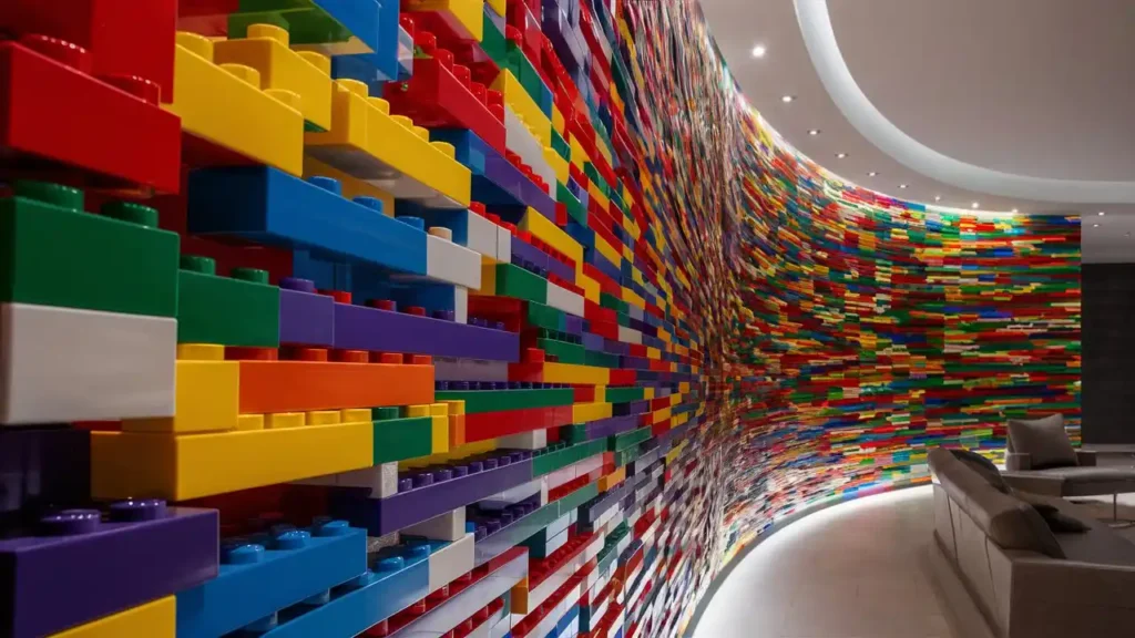 Completed custom LEGO wall in a modern setting