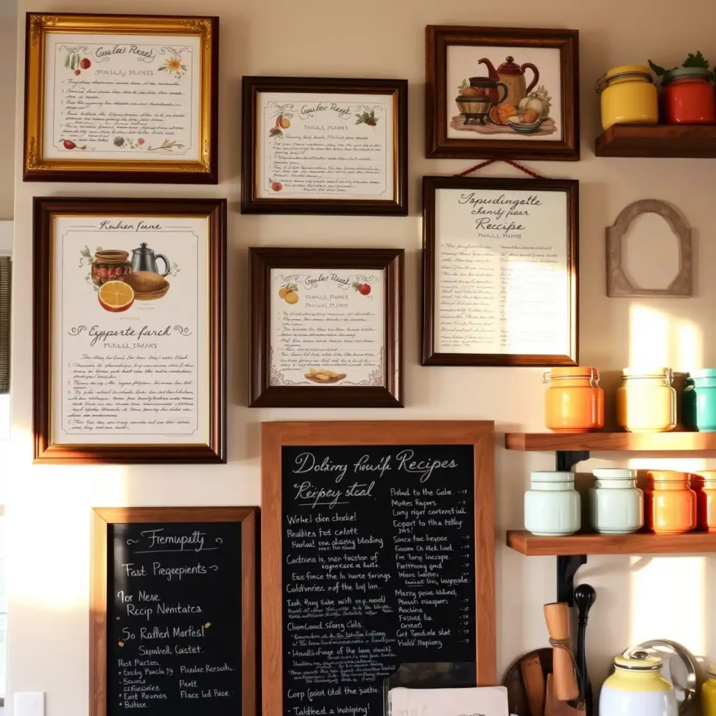 Framed vintage and handwritten recipe wall art in a cozy kitchen.