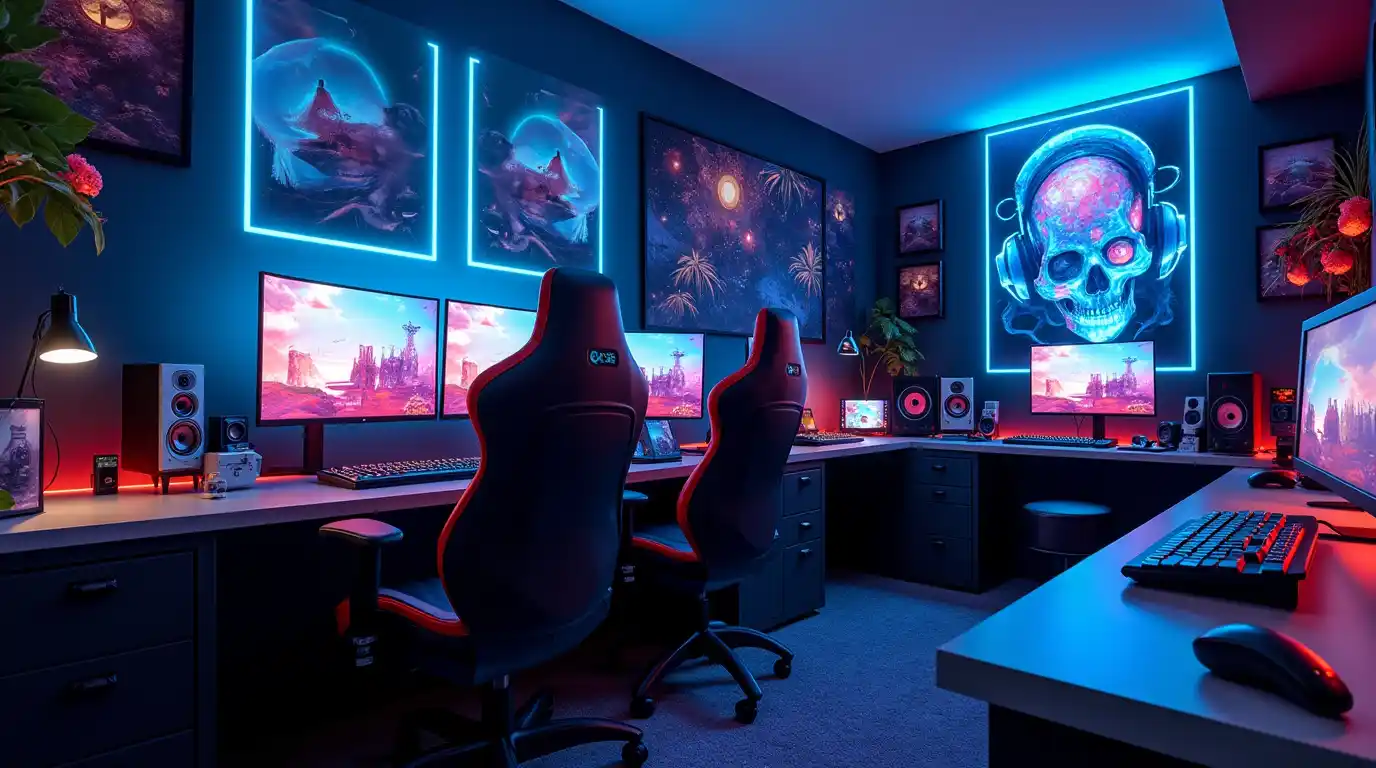 Immersive gaming room with high-performance desk, LED lighting, and ergonomic chair