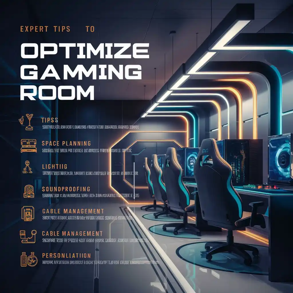 Infographic showing expert tips for gaming room setup with organized desk, ambient lighting, and soundproofing