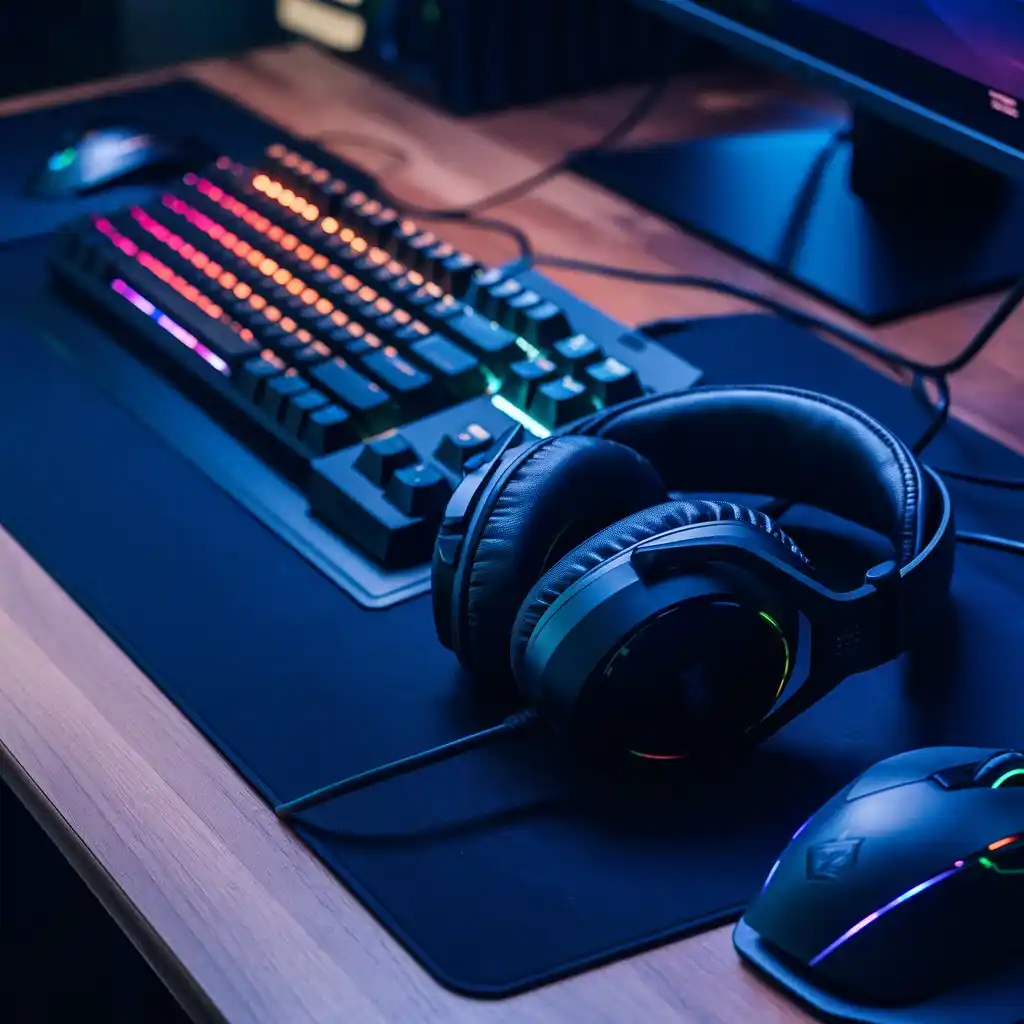 Gaming peripherals including mechanical keyboard, gaming mouse, and headset on a clutter-free desk