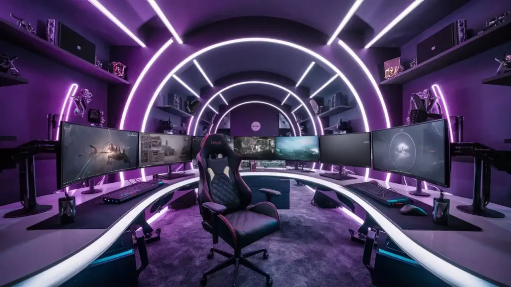 mmersive gaming room featuring a sleek gaming desk with multiple high-refresh monitors