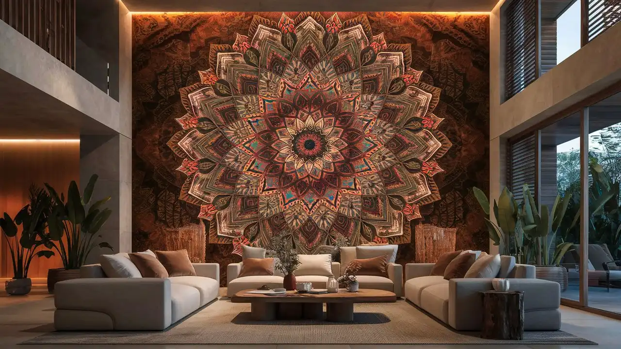 Mandala wall art focal point in a modern living room